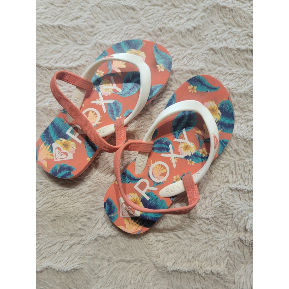 Roxy Little Girls Tropical Floral Flip Flop Sandals Coral Pink Size 9/10